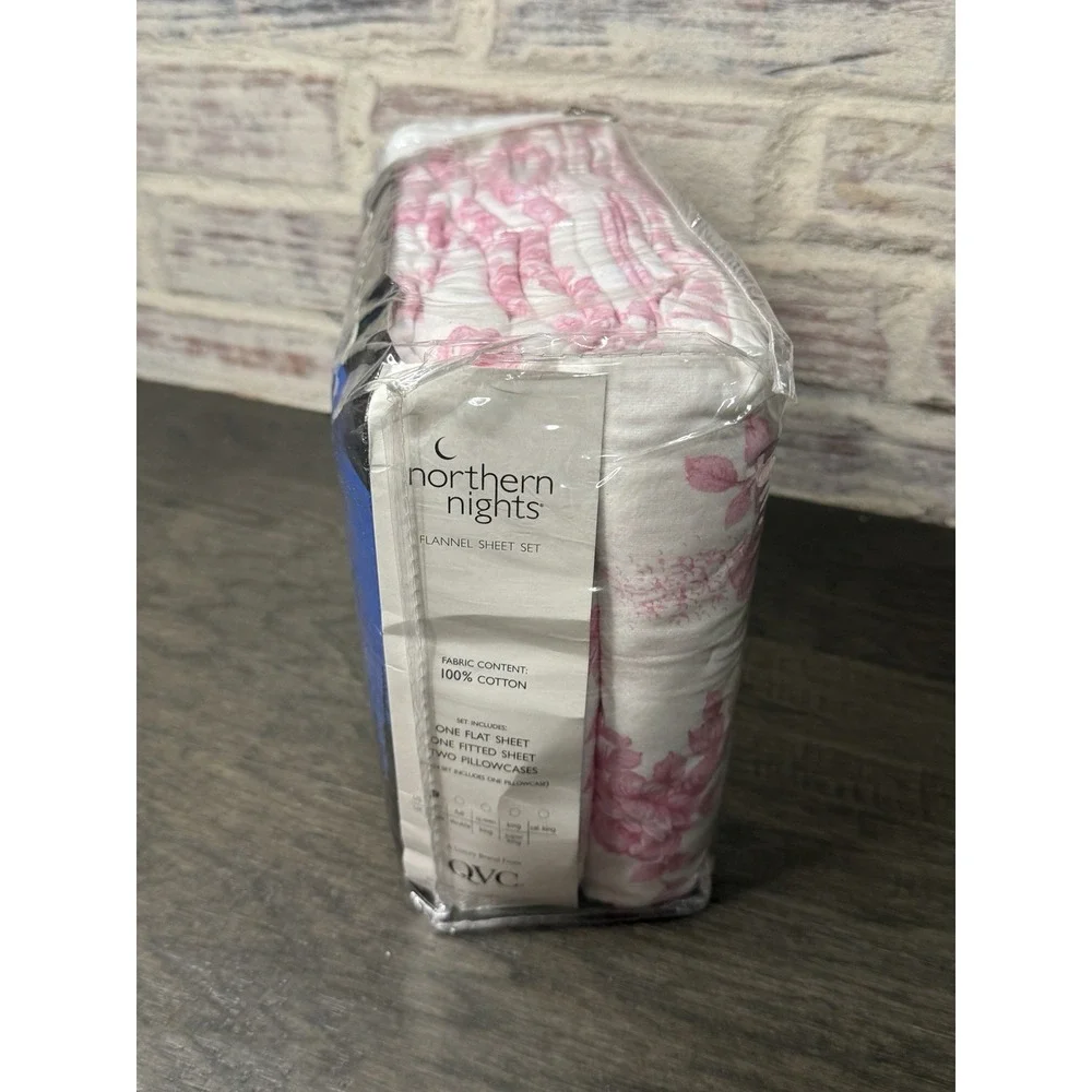 Northern Nights Twin Sheet Set Pink White Floral Flannel Cotton Flowers NOS